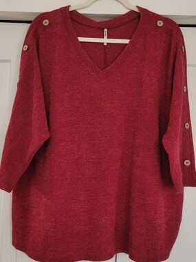 Cozy V-Neck Button-Accent Sweater in Red